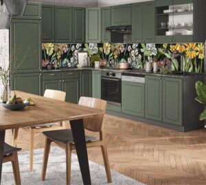 Crédence de cuisine en céramique murale émaillée motifs floraux sur tons verts