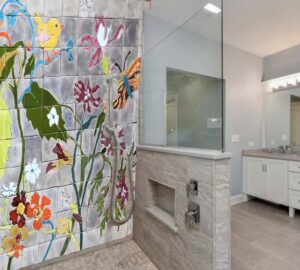 Carreaux de céramique murale artisanale. Carrelage mural de douche italienne dans une salle de bain design carreaux de céramique artisanale