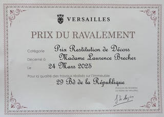 Diplôme du Premier Prix du Ravalement de Versailles 2025, catégorie Restitution de Décors, décerné à Laurence Brecher le 24 mars 2025