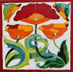 Carreau céramique Art Nouveau coquelicots rouges et oranges peint à la main