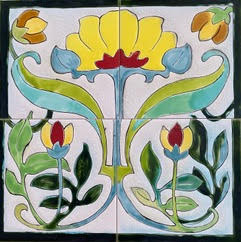 Carreau céramique Art Nouveau tulipes jaunes peint à la main