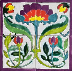 Carreau céramique Art Nouveau fleurs violettes et roses peint à la main par Laurence Brecher