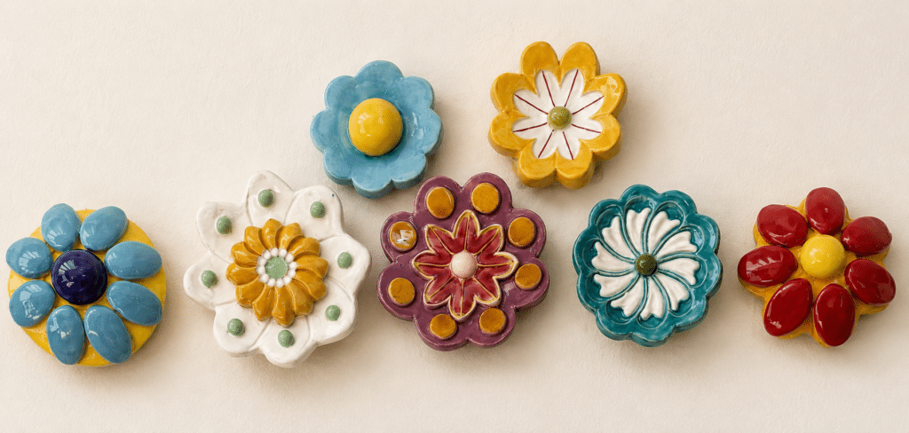 Cabochons en céramique émaillée en forme de fleurs colorées – Laurence Brecher, Le Vésinet